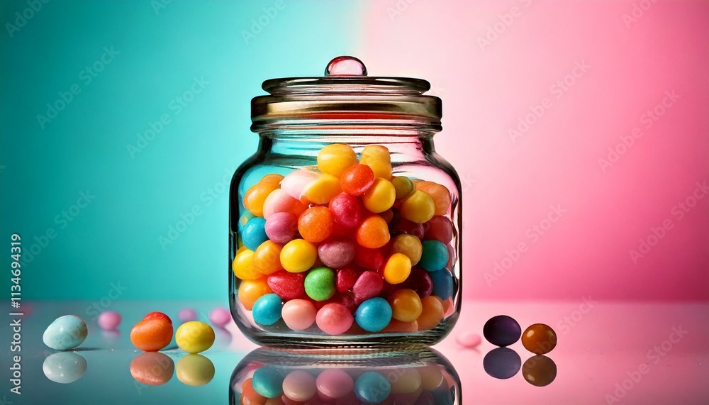  glass jar filled with vibrant candy, placed on a reflective pastel 