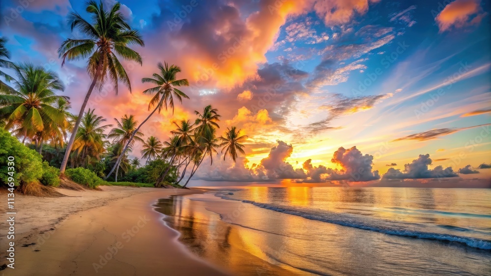 Fototapeta premium A breathtaking tropical sunset paints the sky with vibrant hues of orange, pink, and purple, casting a warm glow over the pristine white sand beach and gently lapping waves.