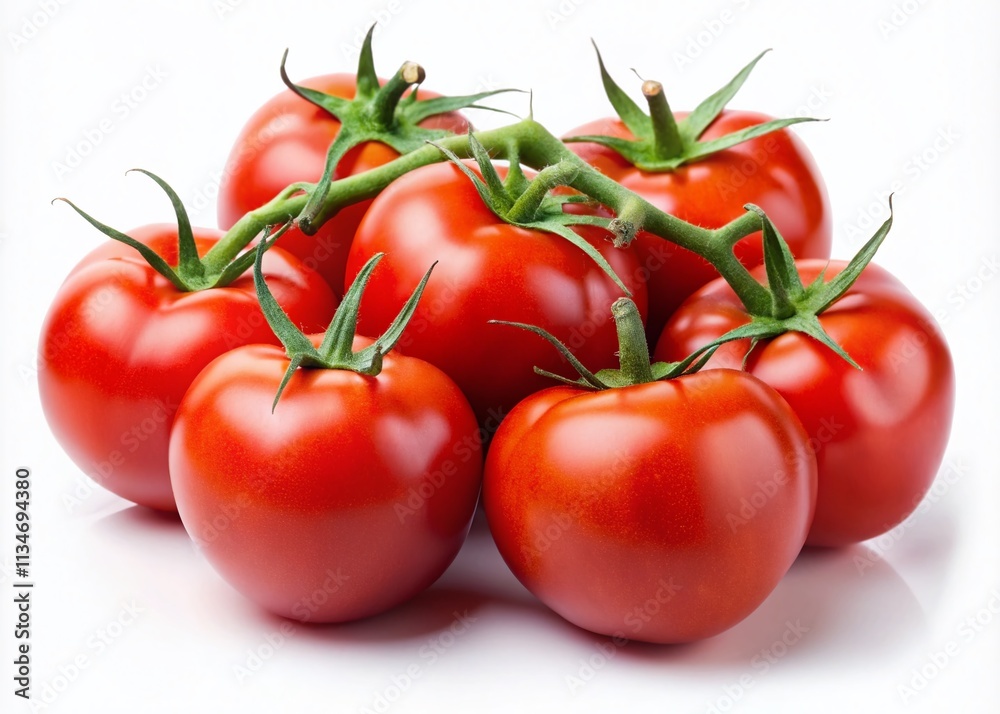 A Vibrant Cluster of Ripe Red Tomatoes on the Vine Against a Crisp White Background for Fresh Produce Photography, Perfect for Culinary and Gardening Uses A Vibrant Cluster of Ripe Red Tomatoes on the Vine Against a Crisp White Background for Fresh Produce Photography, Perfect for Culinary and Gardening Uses