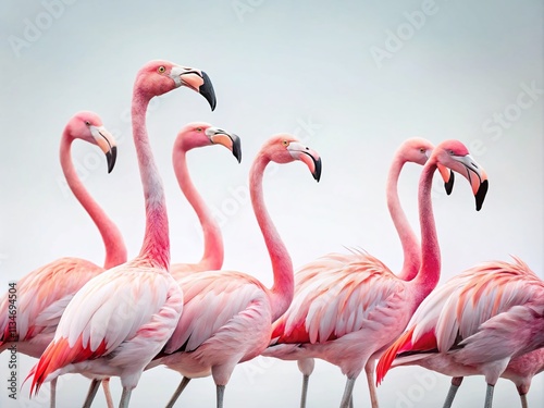 A Vibrant Collection of Pink Flamingos on a Crisp White Background, Perfect for Nature Lovers and Decorative Themes, Showcasing Their Graceful Posture and Playful Behavior photo