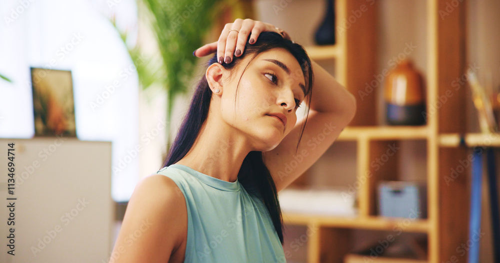 Stretching, neck and woman with exercise routine for calm, strong muscle and mental health. Female person, training and healthy in home for posture, relief and fitness as pilates workout or practice