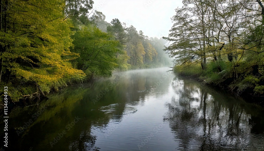 tranquil river winding through a misty forest, with soft reflections tranquil river winding through a misty forest, with soft reflections
