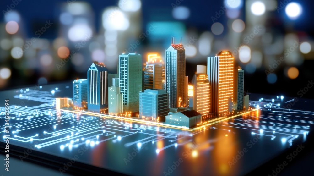 Concept art of glowing circuits forming a vibrant cityscape, urban tech evolution Concept art of glowing circuits forming a vibrant cityscape, urban tech evolution