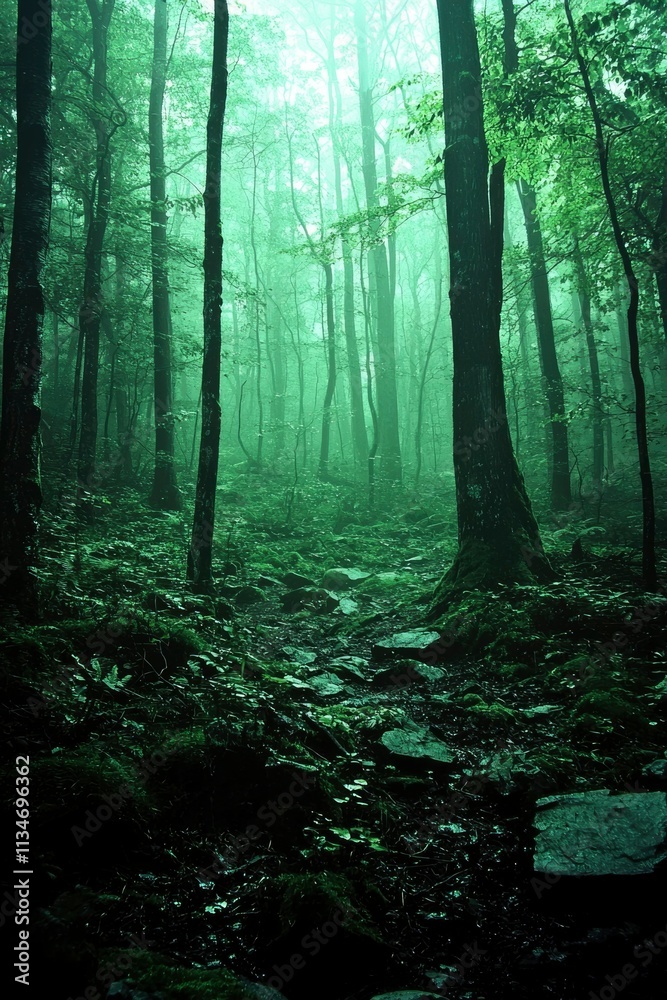 Obraz premium Misty Green Forest Path A Serene Woodland Scene