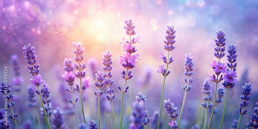 Fototapeta premium A Close-Up of Lavender Flowers Blooming in a Field of Purple and Pink Hues, with a Soft, Dreamy Background