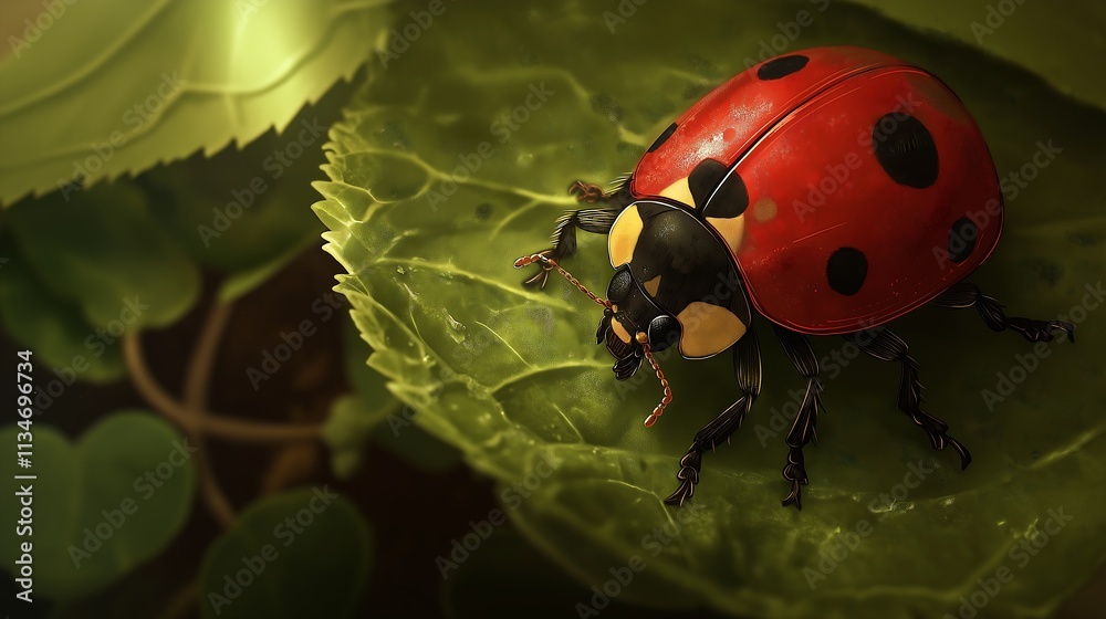 Obraz premium Close-up of a ladybug on a green leaf. Summer macro photo generative ai