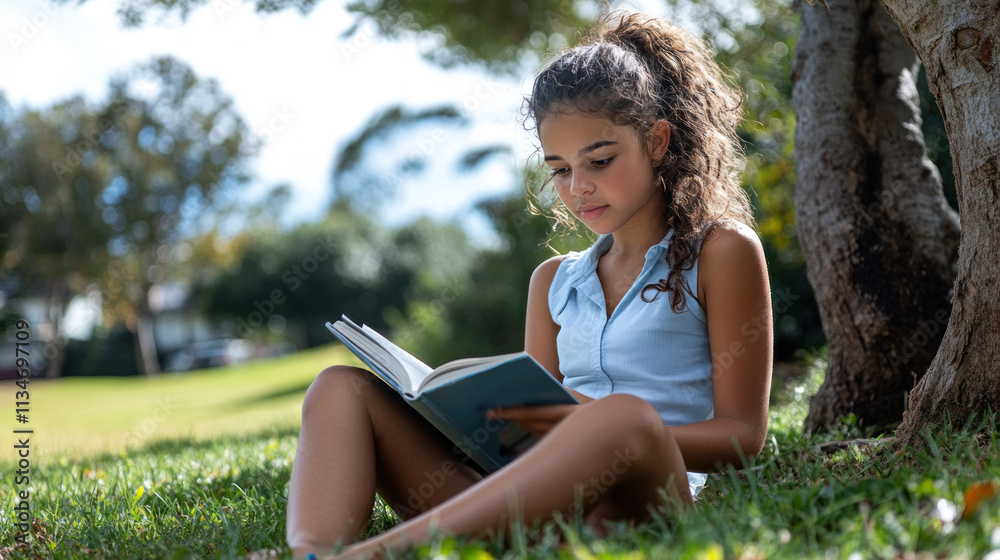 Australian girl sitting on grass under the tree reading a book studying Australian girl sitting on grass under the tree reading a book studying