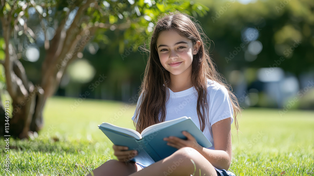Obraz premium Australian girl sitting on grass under the tree reading a book studying
