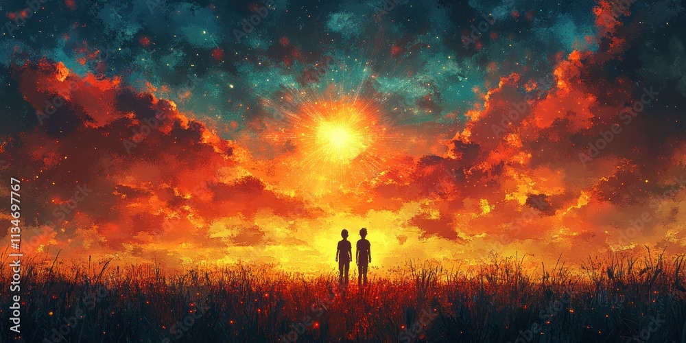 Fototapeta premium Guiding Star of Bethlehem in a Serene Watercolor Landscape Illustration