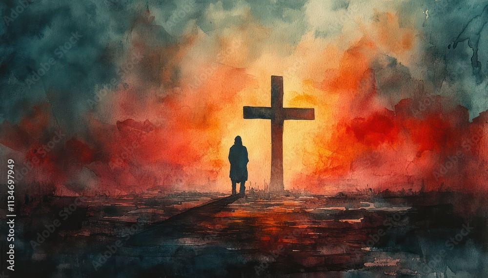 Watercolor Painting of a Man Kneeling in Prayer Before a Cross with Ethereal Light and Soft Pastel Colors Watercolor Painting of a Man Kneeling in Prayer Before a Cross with Ethereal Light and Soft Pastel Colors
