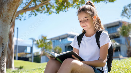Australian girl sitting on grass under the tree reading a book studying