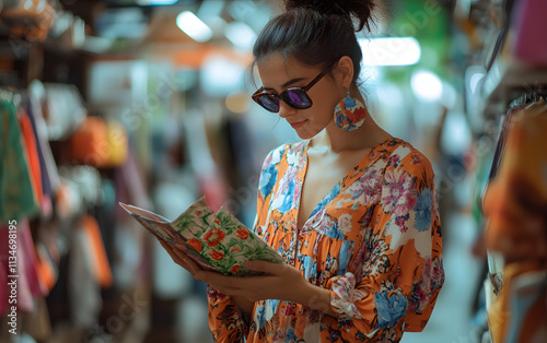 Woman portrait shopping time in shop illustration  photo