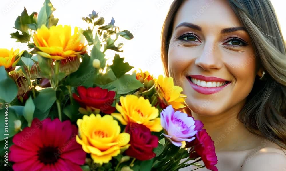 Smiling Woman Holding a Vibrant Bouquet of Flowers on a Sunny Valentine’s Day. Capturing the essence of love, happiness, and celebration, floral arrangement, radiant smile