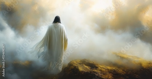 Jesus in Prayer on the Mountain Sorrowful in Misty Landscape Before His Crucifixion