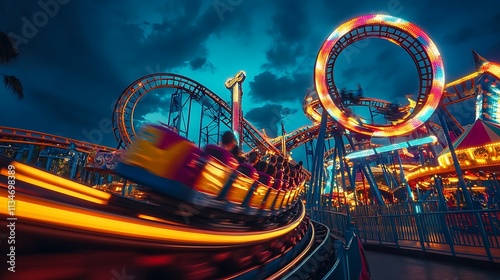 Nighttime Rollercoaster Ride Amusement Park Fun