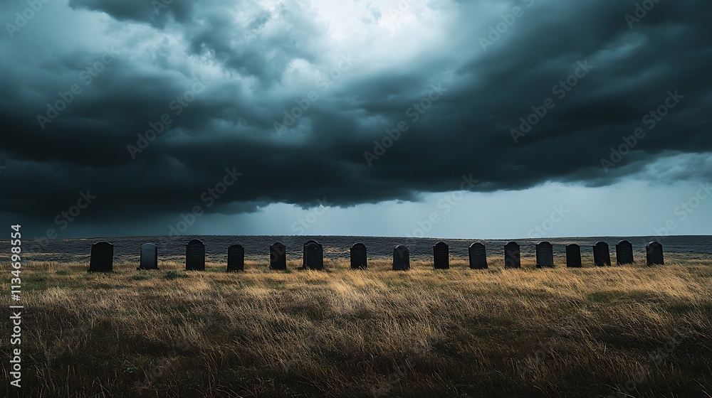 Graveyard Headstones Underneath Stormy Clouds Graveyard Headstones Underneath Stormy Clouds