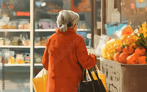 Old Woman portrait shopping time in shop illustration  photo