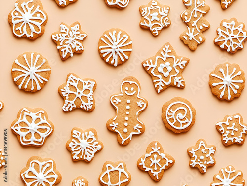 A festive arrangement of decorated gingerbread cookies on a light background.