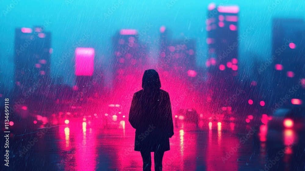 Rainy Night Cityscape Person in Hood Neon Lights Rain Rainy Night Cityscape Person in Hood Neon Lights Rain
