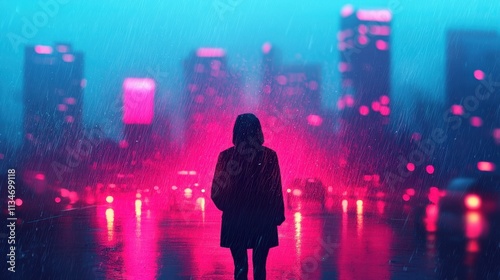 Rainy Night Cityscape Person in Hood Neon Lights Rain