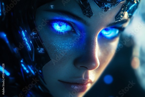 Futuristic robotic woman with luminous blue eyes and sleek metallic armor exploring ai learning photo