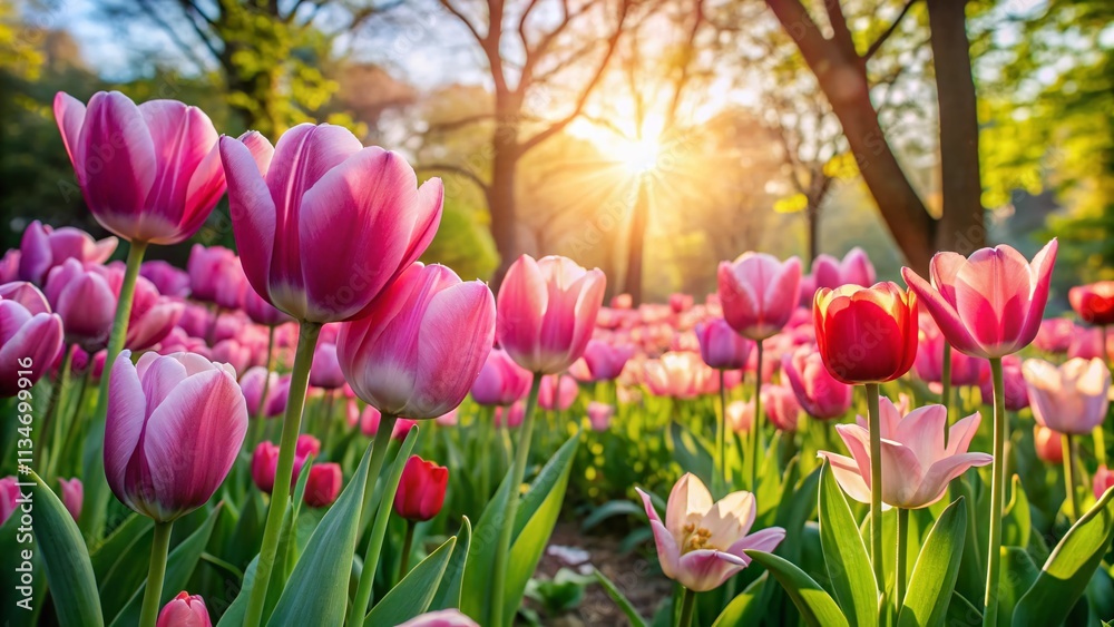 Fototapeta premium Beautiful Candid Photography of Tulips in Various Shades of Pink Blooming in a Vibrant Spring Garden, Capturing Nature's Splendor and the Joy of Seasonal Growth