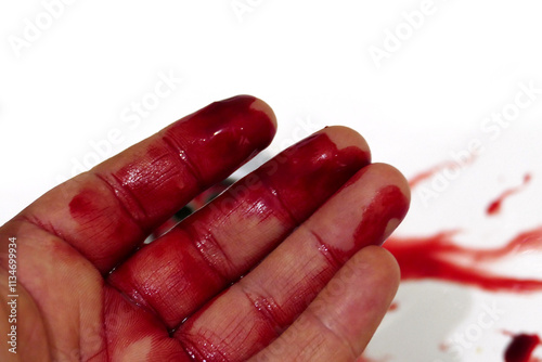 Blood flows into the sink from the hand of a person whose hand was injured with a knife