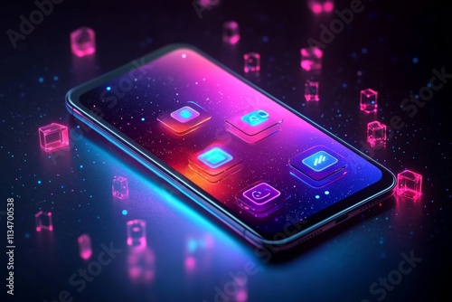 Futuristic smartphone floating on a neon abstract background with colorful app interface on display photo