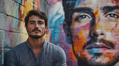 Young Man Posing Against Colorful Urban Wall Art