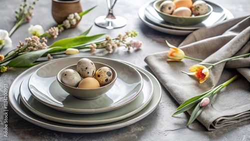 Elegant Table Setting with Quail Eggs and Spring Blooms