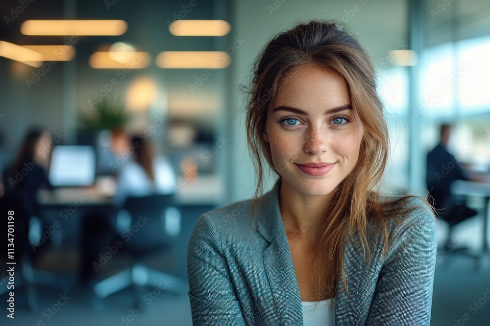 Fototapeta premium Focused businesswoman working in modern office with laptop and paperwork in natural light