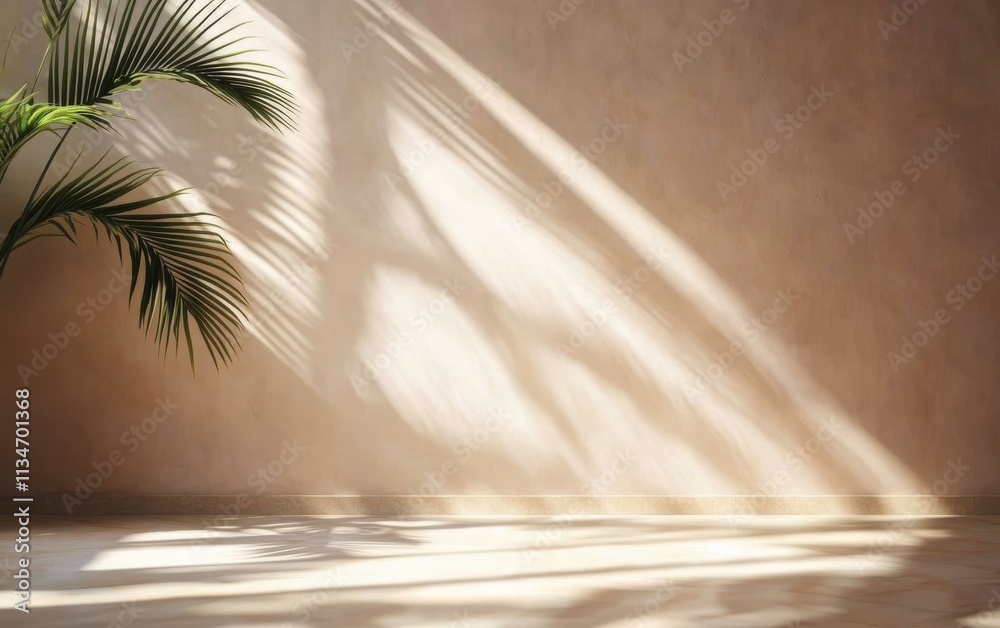 Minimalistic Calm Interior Scene with Soft Light and Shadow from Palm Fronds on Cream Wall Minimalistic Calm Interior Scene with Soft Light and Shadow from Palm Fronds on Cream Wall