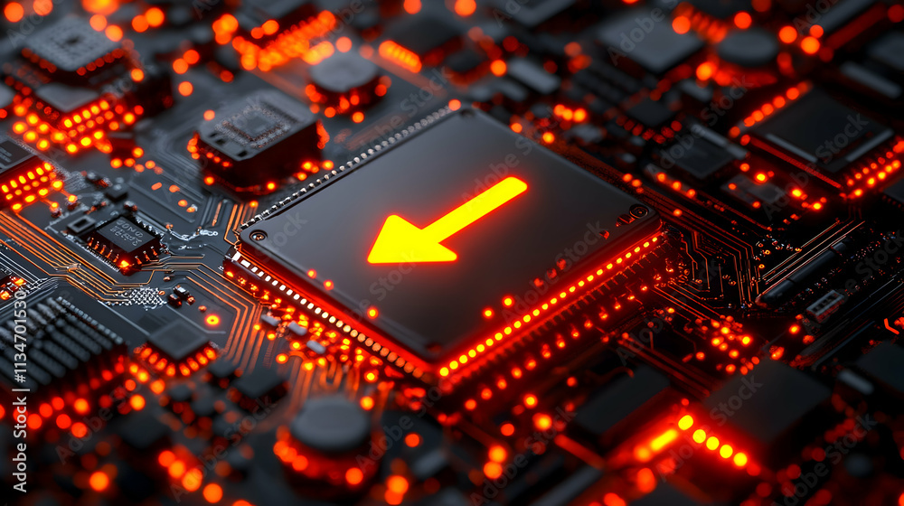 Close-up of a circuit board with a glowing arrow indicating data transfer. Close-up of a circuit board with a glowing arrow indicating data transfer.