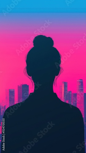 Woman Silhouette Cityscape Background Pink Sunset Modern Art