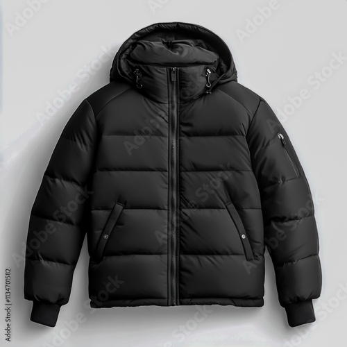 Blank black down jacket mockup clothing apparel coat isolated on white background.