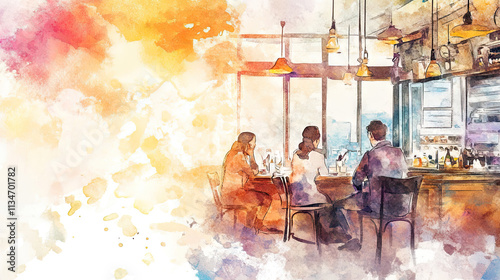 A watercolor illustration of people in an open coffee shop, with warm colors and soft brushstrokes