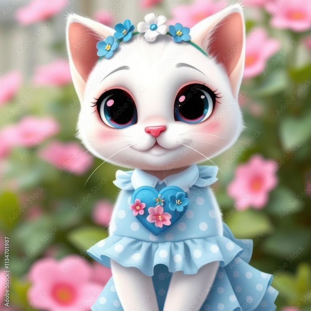 Cheerful Cat in Floral Garden with Blue Dress Cheerful Cat in Floral Garden with Blue Dress