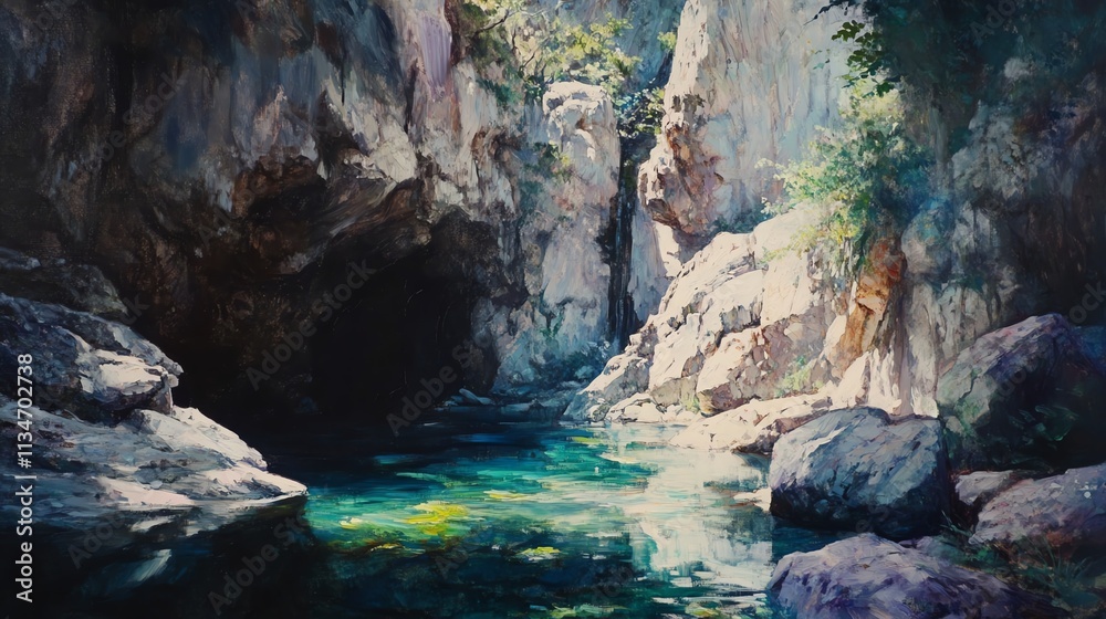Serene river flowing through rocky canyon with lush greenery. Serene river flowing through rocky canyon with lush greenery.