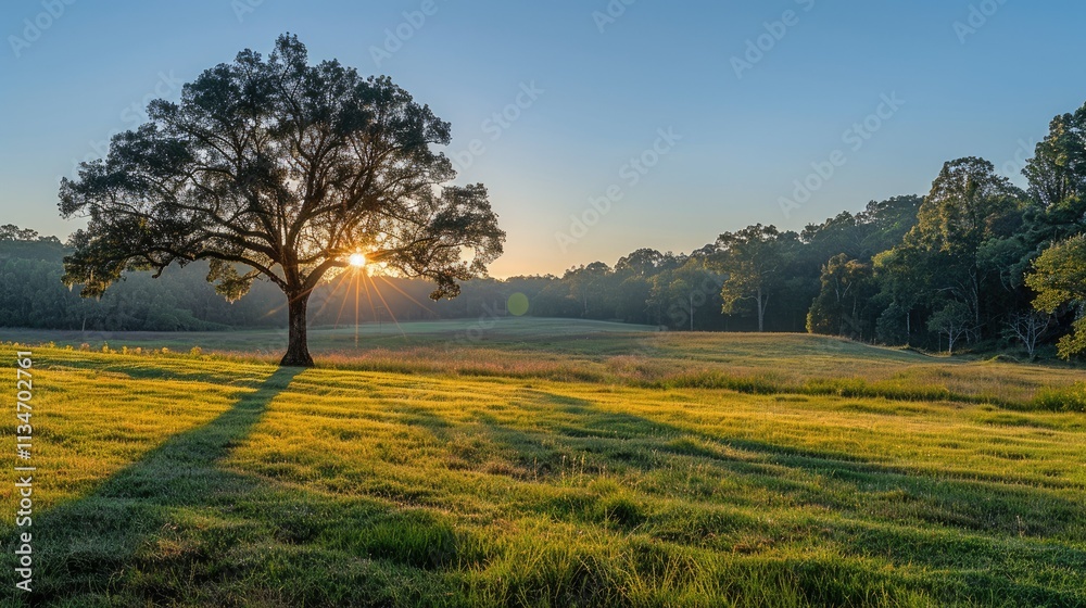 Fototapeta premium A serene sunrise over a grassy field with a large tree casting long shadows.