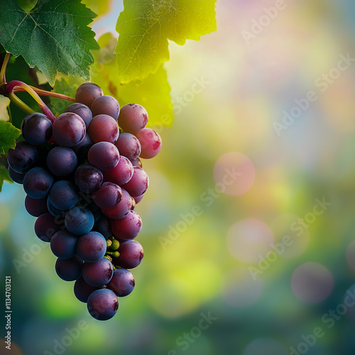 Bunch of the Cabernet Franc grape with leaves at blur background with free space for text. Ripe cluster of black wine grape on vine, close up view, horizontal format (1) photo