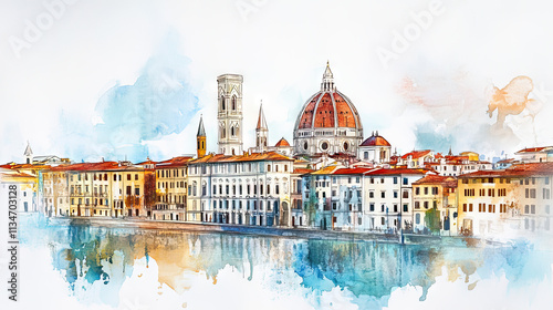 Watercolor of the city of Florence with the cathedral and the River Arno in front