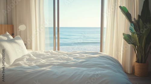 Cozy bedroom with a stunning ocean view. Soft bedding and bright curtains let in natural light for a serene morning vibe.