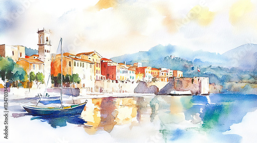 A watercolor painting of a port city with boats and buildings in Italy