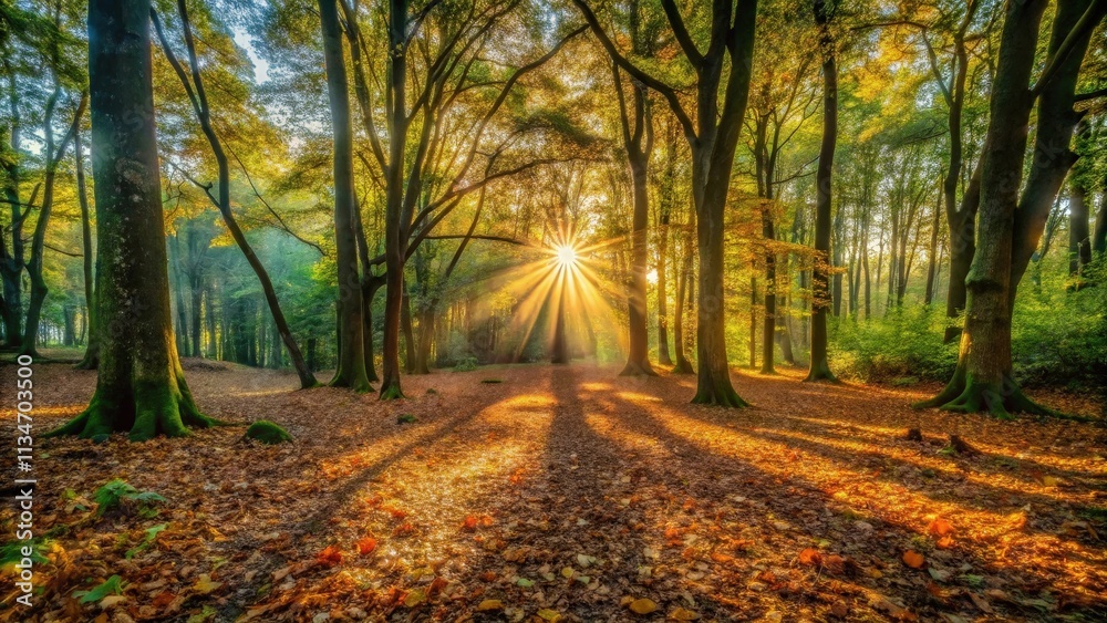 Fototapeta premium Sunbeams pierce through the canopy of a deciduous forest, illuminating the forest floor covered in fallen leaves.