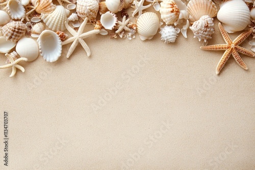 Sandy beach with white and beige seashells and starfish creating a natural textured background for summer travel photo