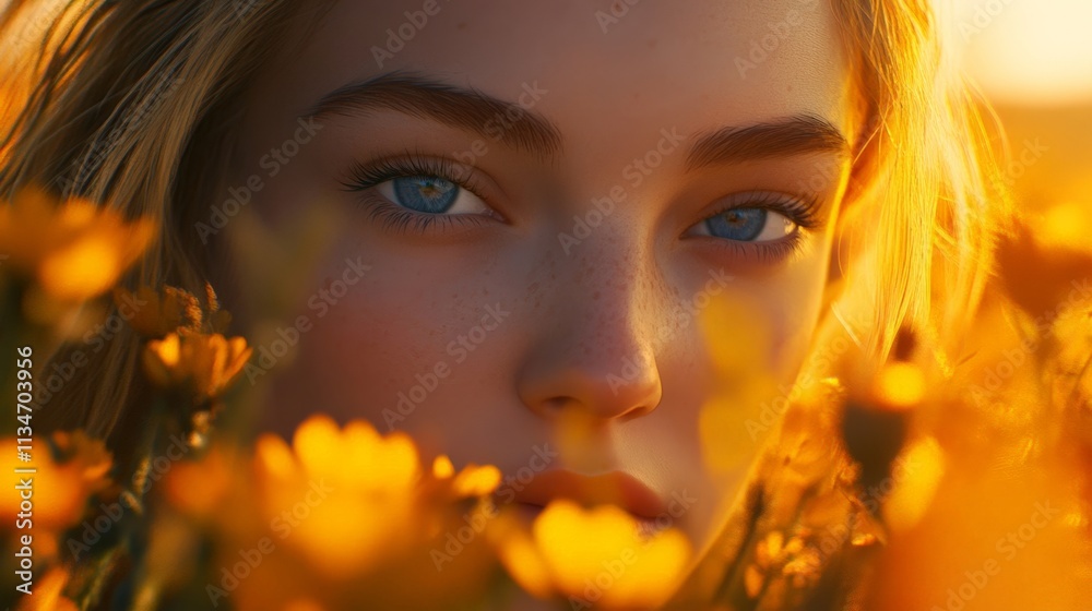 A young woman gazes beautifully among golden flowers in a serene sunset ambiance. Captivating eyes reflect tranquility and warmth. A young woman gazes beautifully among golden flowers in a serene sunset ambiance. Captivating eyes reflect tranquility and warmth.