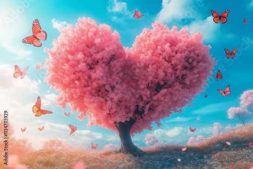 Beautiful heart-shaped blooming tree surrounded by butterflies in springtime