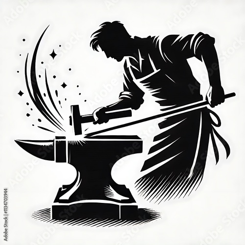 Silhouette of a blacksmith working at an anvil. photo