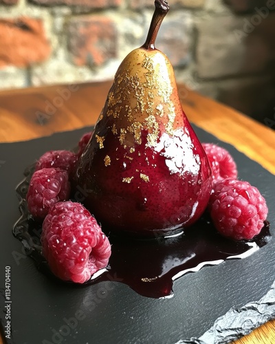 Elegant poached pear tower with spiced red wine reduction gourmet restaurant dessert presentation fine dining artistic culinary concept