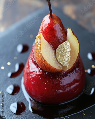 Indulgent dessert creation gourmet restaurant culinary art elegant setting close-up poached pear tower with spiced red wine reduction and gold leaf photo